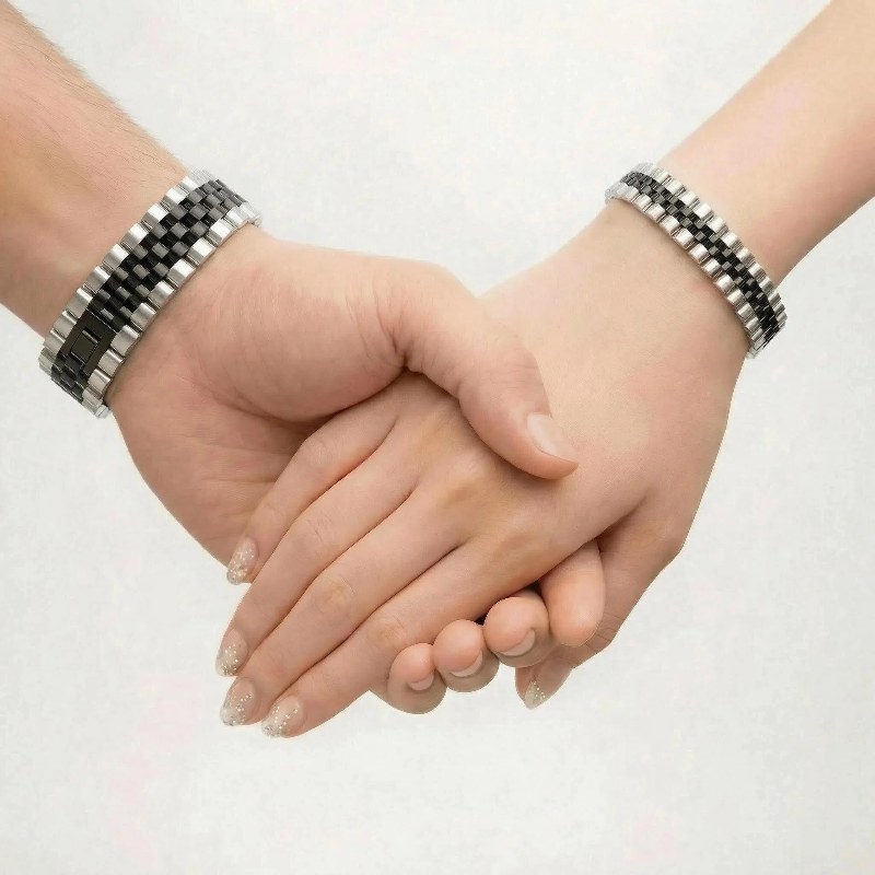 دستبند-استیل-رولکس-3-ردیفه-مشکی-نقره-ای