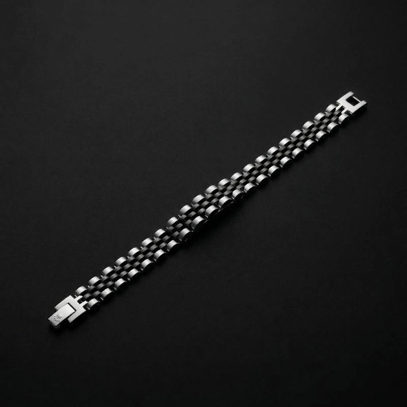 دستبند-استیل-رولکس-3-ردیفه-مشکی-نقره-ای