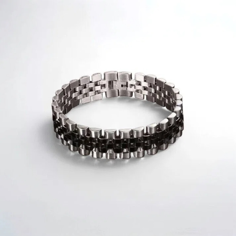 دستبند-استیل-رولکس-5-ردیفه-مشکی-نقره-ای